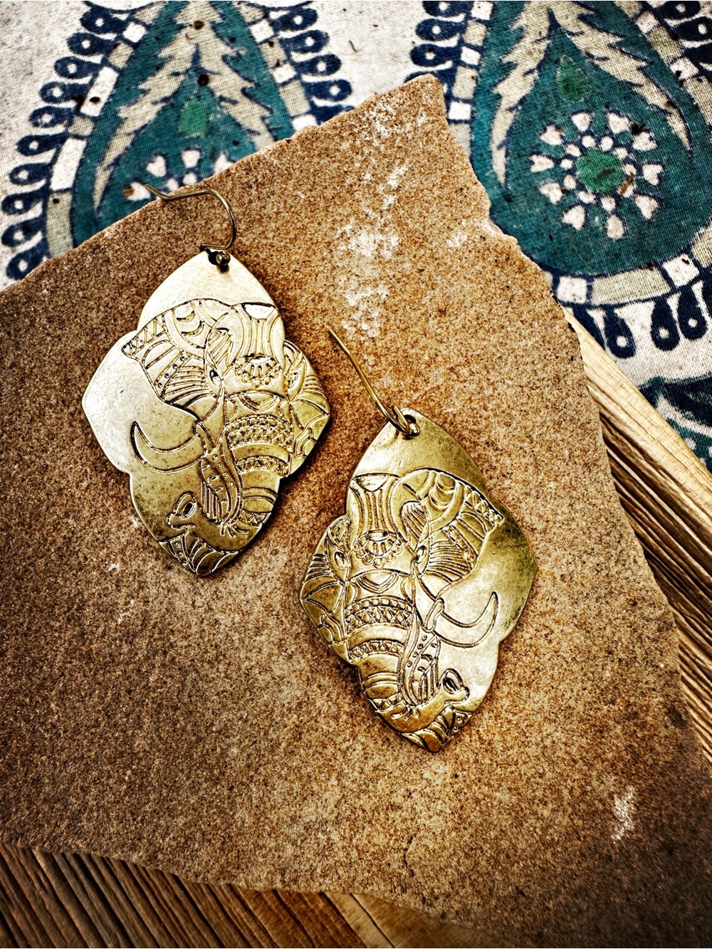 Gold Brass Etched Elephant Quatrefoil Shaped Statement Earrings
